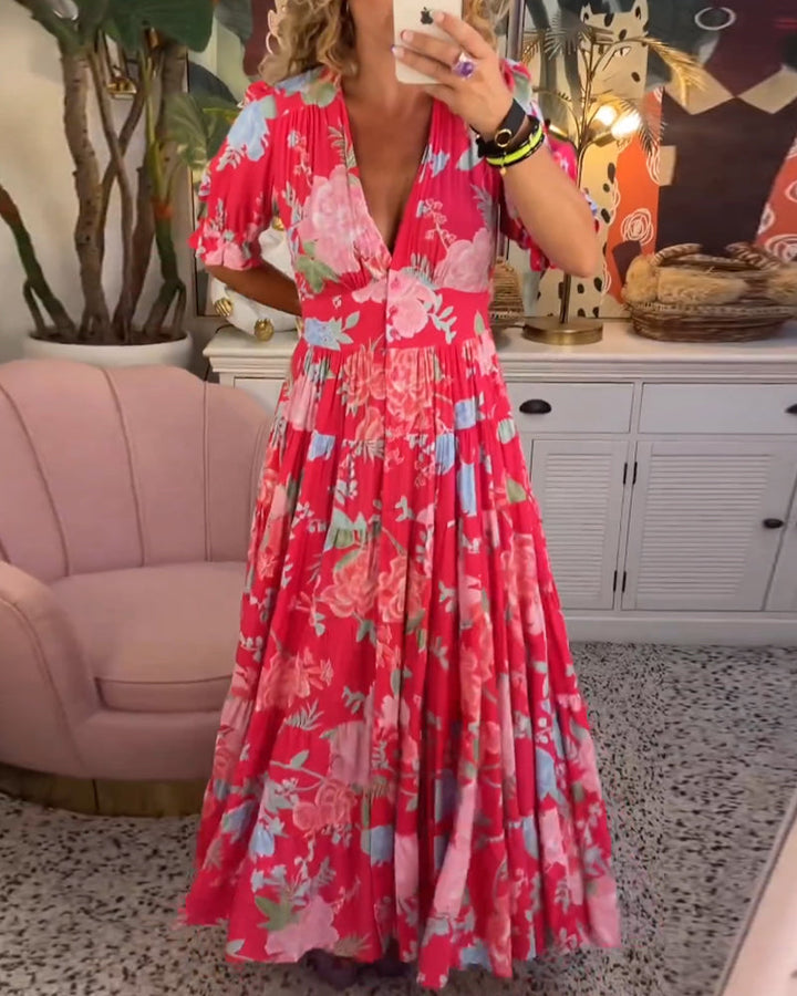 Reagan - V-Neck Short Sleeve Floral Maxi Dress