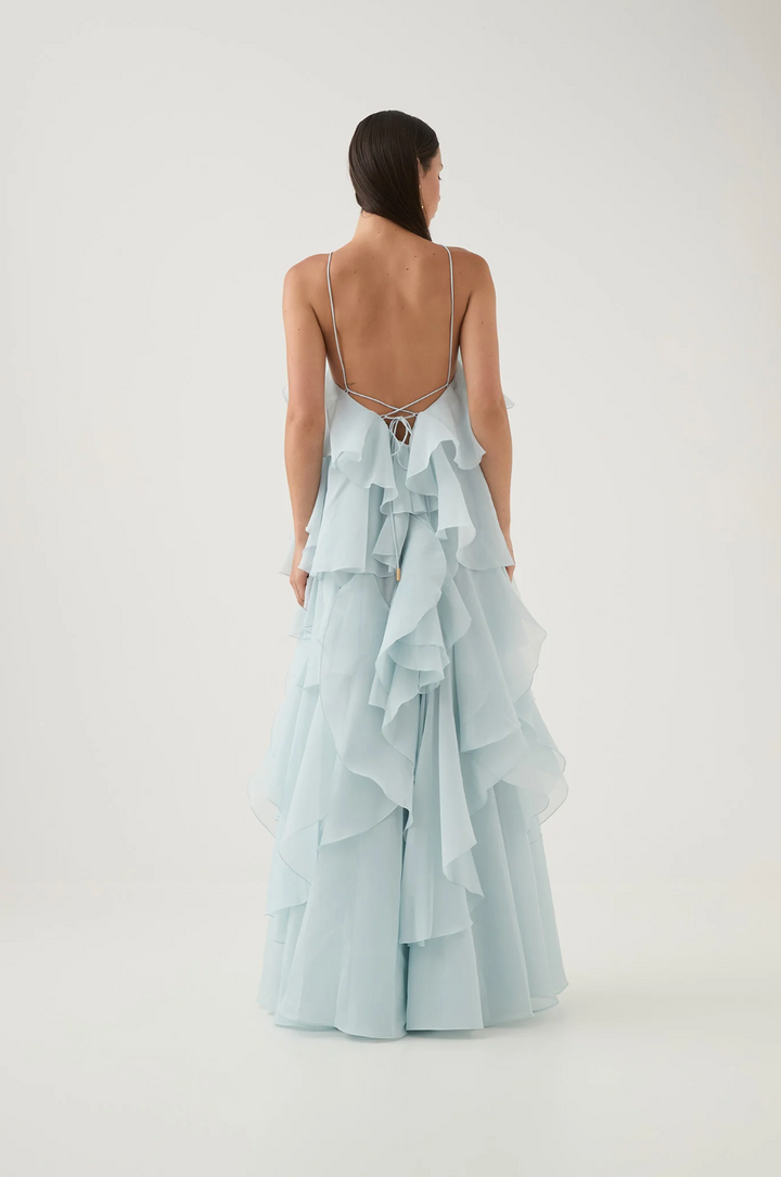 Nephele - Long Halter Ruffle Cocktail Dress