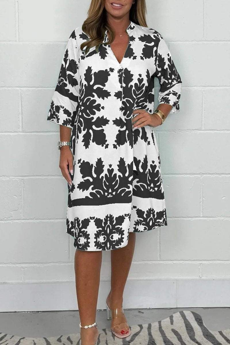 Kenzie - Bohemian Retro Print V-neck Cropped Sleeves Dress